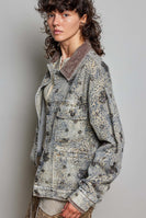 POL Beaded Washed Denim Jacket in Choco Leopard