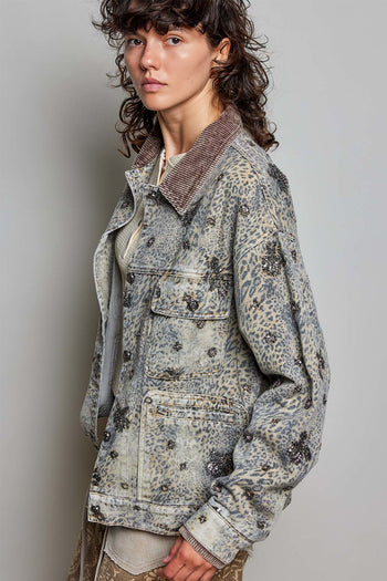 POL Beaded Washed Denim Jacket in Choco Leopard