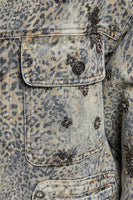 POL Beaded Washed Denim Jacket in Choco Leopard