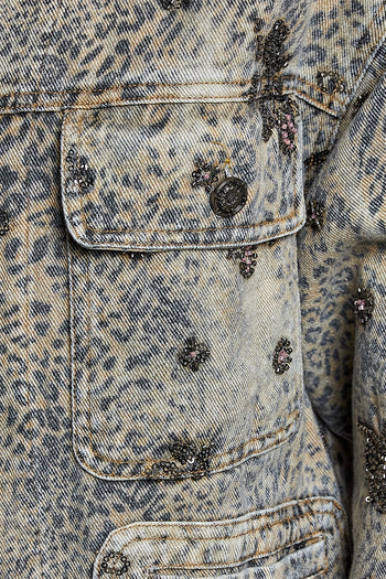 POL Beaded Washed Denim Jacket in Choco Leopard