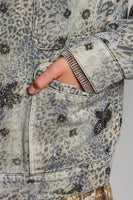 POL Beaded Washed Denim Jacket in Choco Leopard