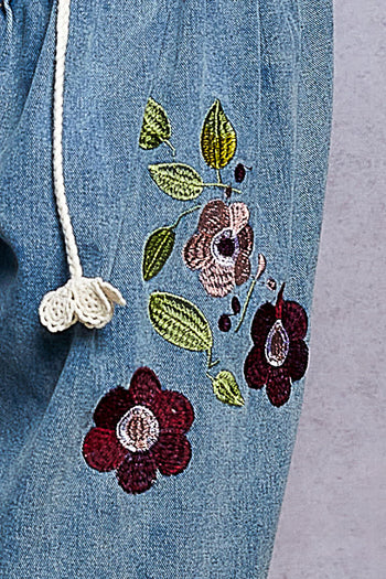 POL Floral Embroidered Wide-Leg Twill Pants in Denim