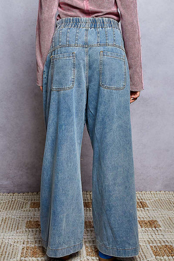 POL Floral Embroidered Wide-Leg Twill Pants in Denim