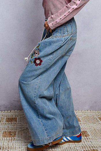 POL Floral Embroidered Wide-Leg Twill Pants in Denim