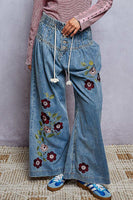 POL Floral Embroidered Wide-Leg Twill Pants in Denim