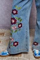 POL Floral Embroidered Wide-Leg Twill Pants in Denim