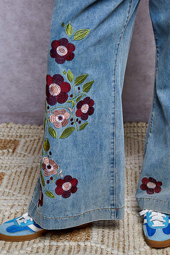 POL Floral Embroidered Wide-Leg Twill Pants in Denim