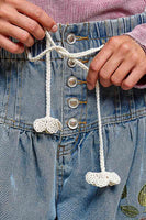 POL Floral Embroidered Wide-Leg Twill Pants in Denim