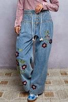 POL Floral Embroidered Wide-Leg Twill Pants in Denim