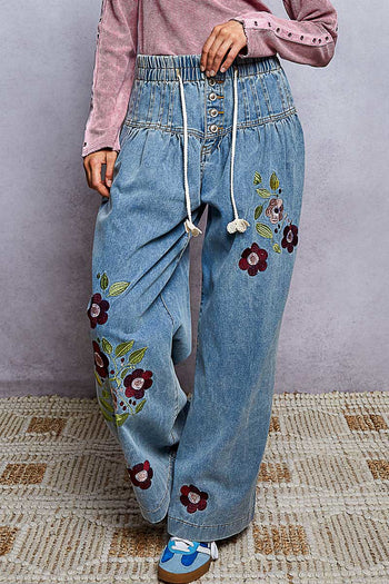 POL Floral Embroidered Wide-Leg Twill Pants in Denim