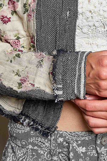 POL Floral Patchwork Cropped Jacket in Black Multi