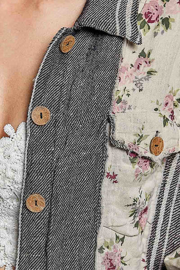 POL Floral Patchwork Cropped Jacket in Black Multi