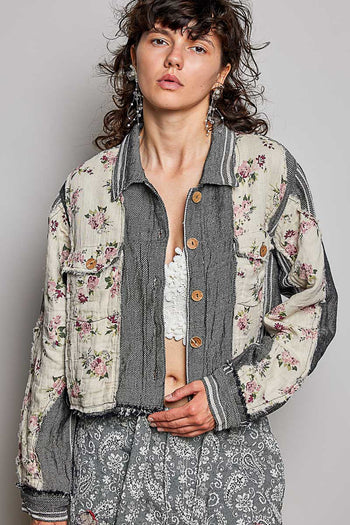 POL Floral Patchwork Cropped Jacket in Black Multi