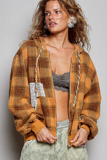 POL Plaid Lace Detail Zip-Up Hoodie in Honey Multi