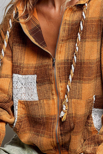 POL Plaid Lace Detail Zip-Up Hoodie in Honey Multi