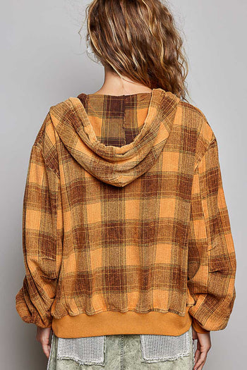 POL Plaid Lace Detail Zip-Up Hoodie in Honey Multi