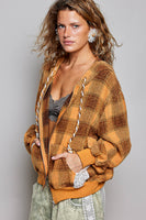 POL Plaid Lace Detail Zip-Up Hoodie in Honey Multi