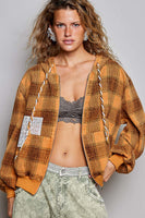 POL Plaid Lace Detail Zip-Up Hoodie in Honey Multi
