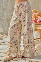 BiBi Flower Printed Twill Ruffled Detail Wide Pants in Cream