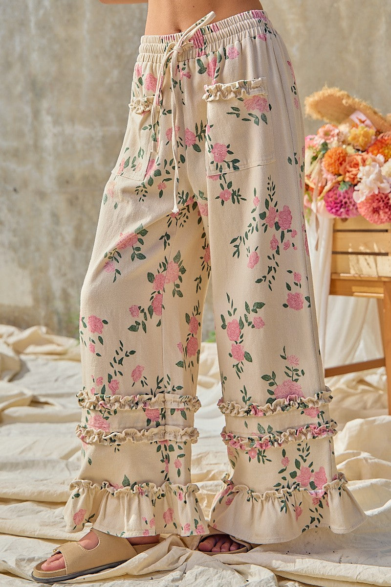 BiBi Flower Printed Twill Ruffled Detail Wide Pants in Cream ON