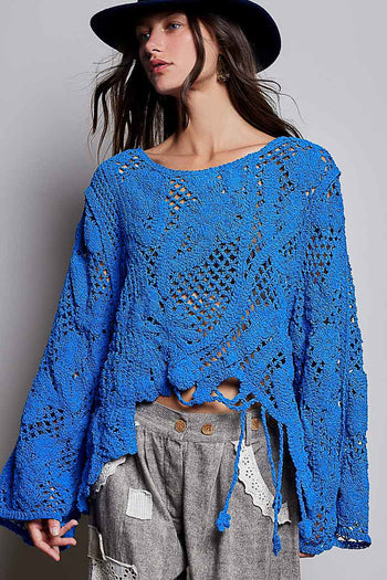POL Mixed Open Knit Crochet Top in Ultramarine
