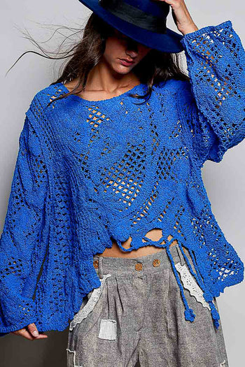 POL Mixed Open Knit Crochet Top in Ultramarine