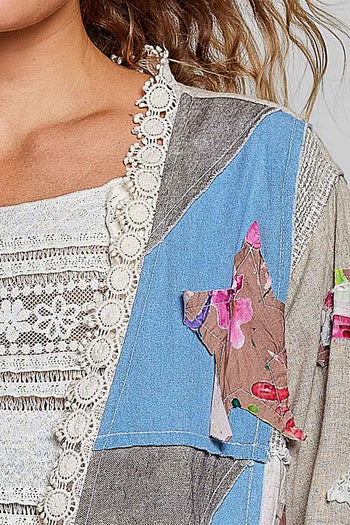 POL Mixed Patchwork Lace Trim Maxi Cardigan in Sand Multi