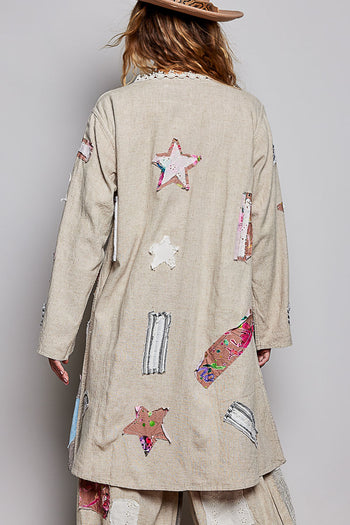 POL Mixed Patchwork Lace Trim Maxi Cardigan in Sand Multi