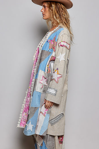 POL Mixed Patchwork Lace Trim Maxi Cardigan in Sand Multi