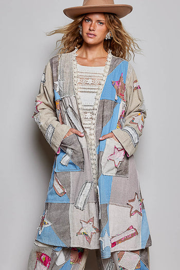 POL Mixed Patchwork Lace Trim Maxi Cardigan in Sand Multi