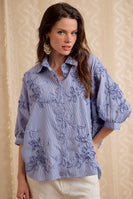 BiBi Stripe Embroidered Short Sleeves Button Blouse in Chambray