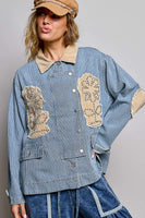 POL Denim Striped Jacket with Studded Flower Patches in Stripe Denim