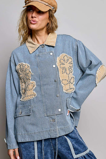 POL Denim Striped Jacket with Studded Flower Patches in Stripe Denim