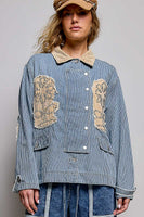 POL Denim Striped Jacket with Studded Flower Patches in Stripe Denim