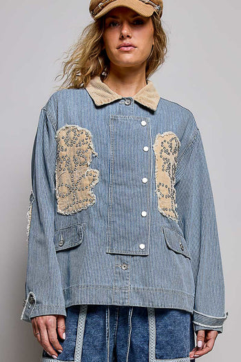 POL Denim Striped Jacket with Studded Flower Patches in Stripe Denim