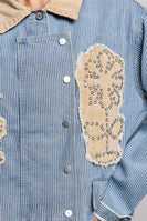 POL Denim Striped Jacket with Studded Flower Patches in Stripe Denim