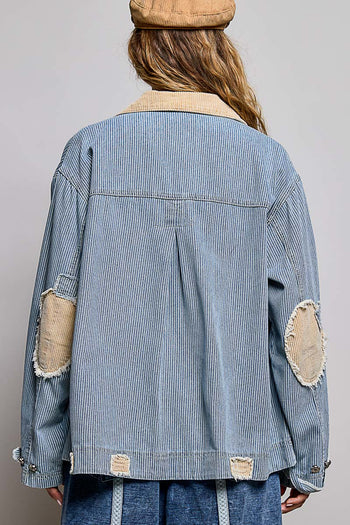 POL Denim Striped Jacket with Studded Flower Patches in Stripe Denim