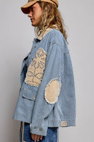 POL Denim Striped Jacket with Studded Flower Patches in Stripe Denim