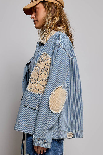 POL Denim Striped Jacket with Studded Flower Patches in Stripe Denim