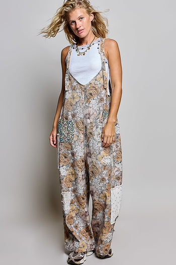 POL Vintage Patchwork Overalls in Ash Grey/Floral