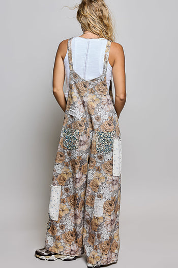 POL Vintage Patchwork Overalls in Ash Grey/Floral