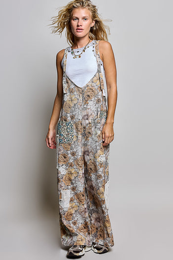 POL Vintage Patchwork Overalls in Ash Grey/Floral