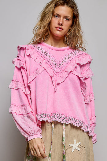 POL Knit Top with Ruffle Detailed Mixed Lace in Candy Pink
