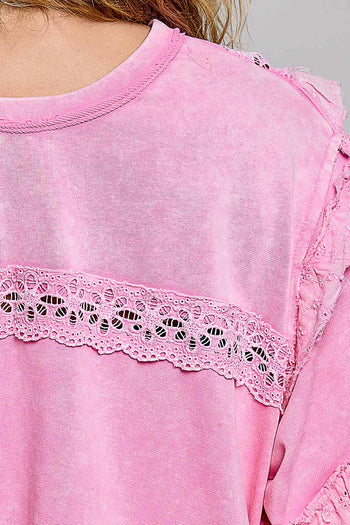 POL Knit Top with Ruffle Detailed Mixed Lace in Candy Pink