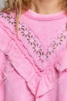 POL Knit Top with Ruffle Detailed Mixed Lace in Candy Pink