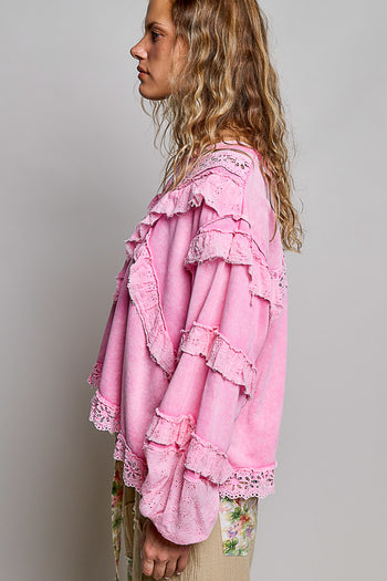 POL Knit Top with Ruffle Detailed Mixed Lace in Candy Pink