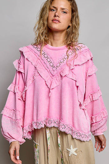 POL Knit Top with Ruffle Detailed Mixed Lace in Candy Pink
