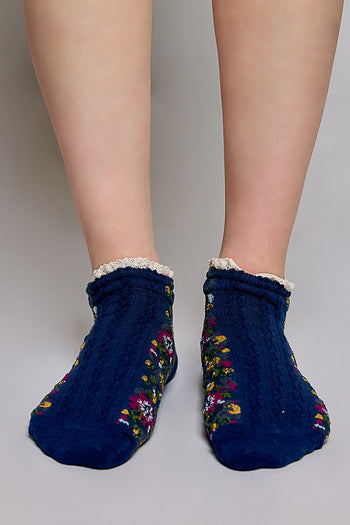 POL Floral Embroidered Lace Trim Crew Socks