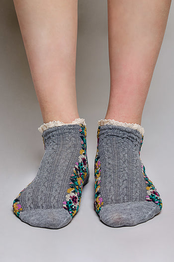 POL Floral Embroidered Lace Trim Crew Socks