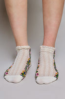 POL Floral Embroidered Lace Trim Crew Socks